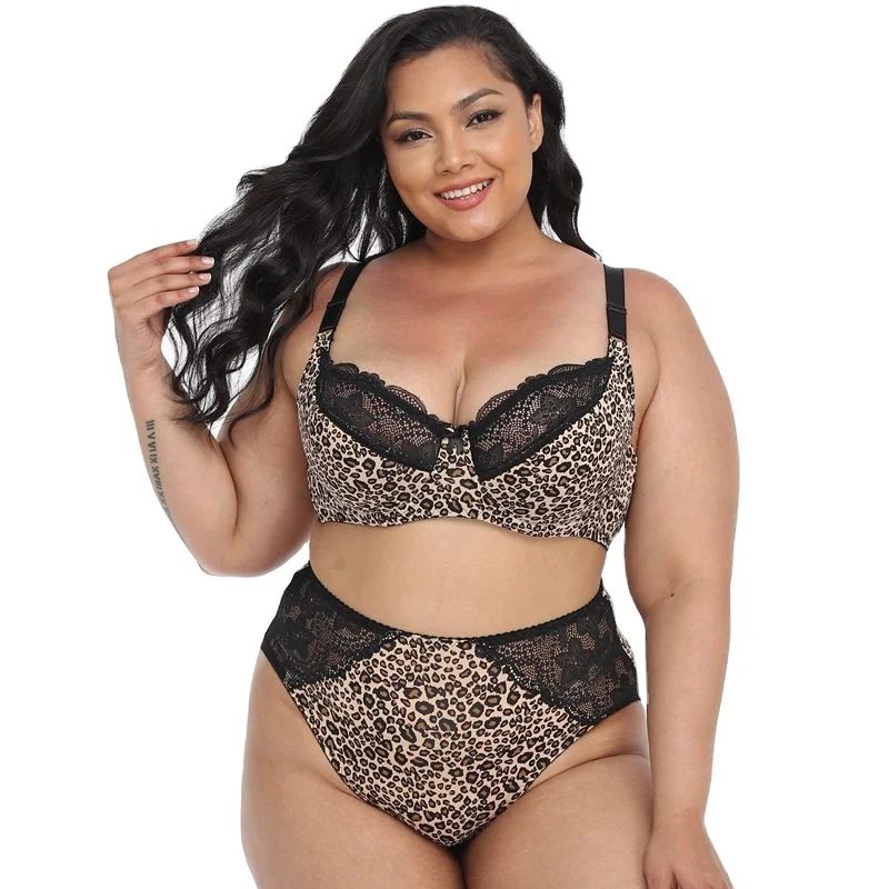 

Sexy Leopard Printed Lingerie Set Elastic 2 Piece Oversized Underwear Plus Size Bra and Panty Sets