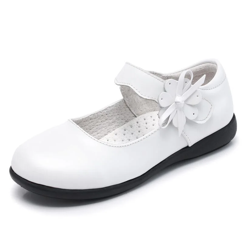 

Wholesale hot sale cheap girls genuine leather dress shoes flower hook & loop white school shoes for girls, Black