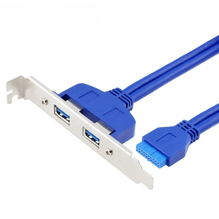 

50cm Panel mount 2 Ports USB 3.0 Female to 20pin Header Adapter Cable with PCI Slot Plate Bracket, Blue/black
