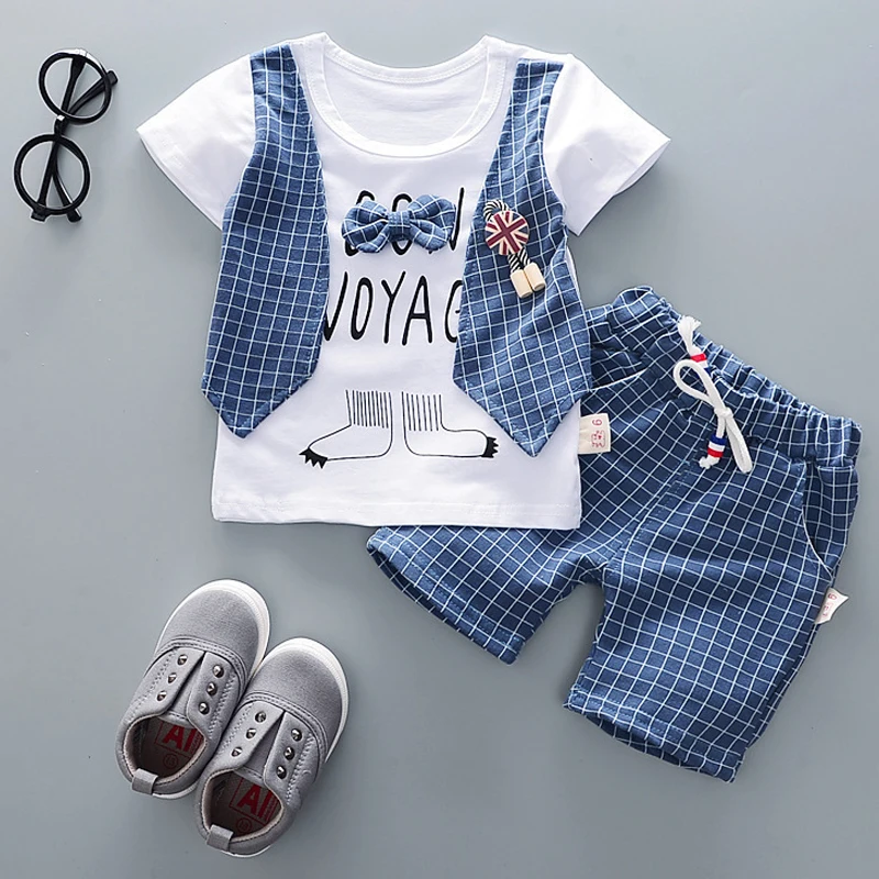 

Baby Boy 2021 New Summer Gentleman Cartoon Short Sleeve T-shirt Plaid Shorts 2 Pcs 1-4 Years Old