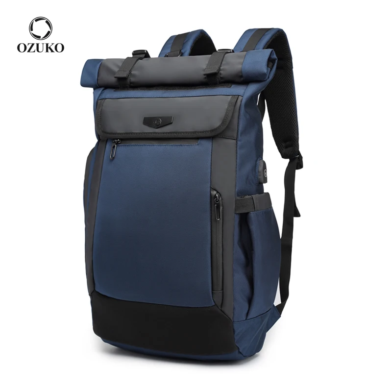 

Ozuko 9066 Waterproof Durable Fashion Comfortable And Well Organised Roll Top Black 15.6 Laptop Backpack Rucksack