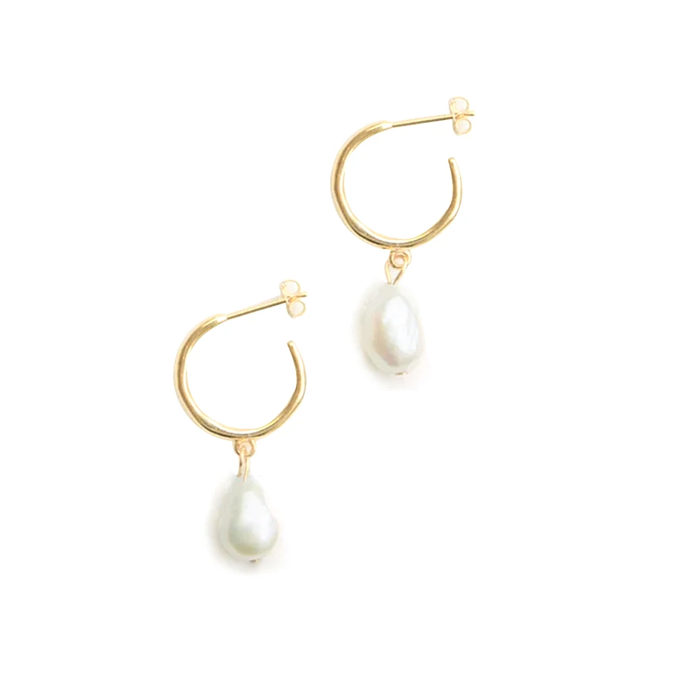 Simple Stainless Steel 14K Gold Plated Geometric Freshwater Pearl Hoop Earrings Titanium Steel Irregular Pearl C Shaped Earring