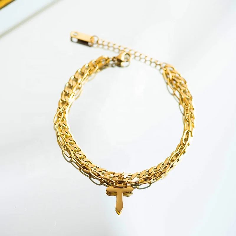 

High quality Cuba chain 14k gold plated Stainless Steel charm layered Cross bracelet for party, Customized color