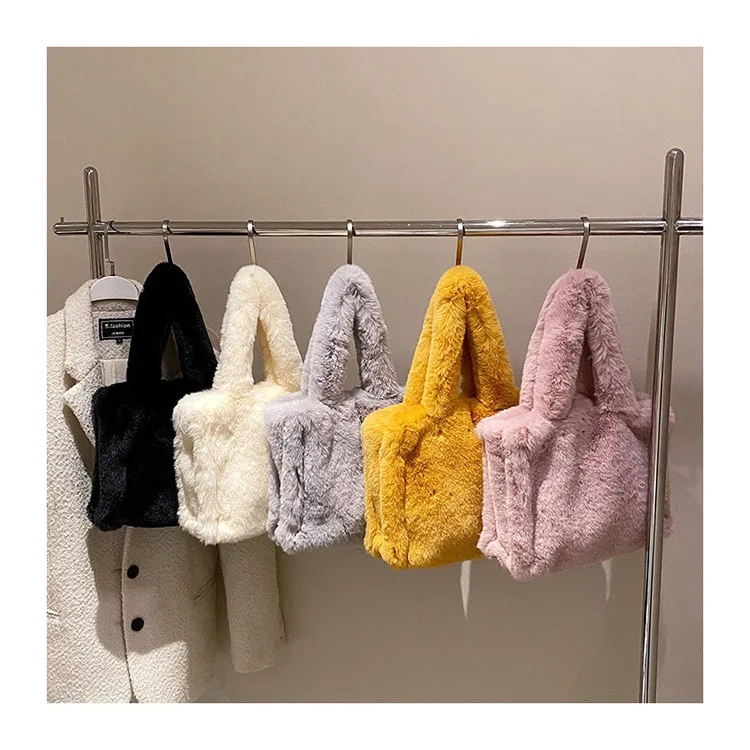 Simple Solid Color Soft Fluffy Faux Fur Small Satchel Totes Winter Women Plush Shoulder Bags Designer Brand Ladies Handbags