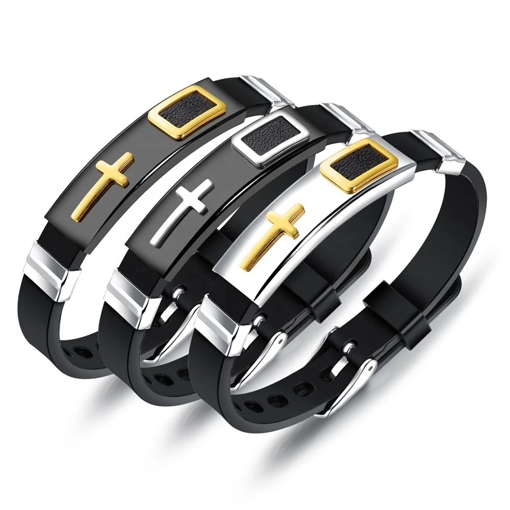 

Manufacturer Adjustable Men Cross Belt Buckle Adjustable Stainless Steel Silicone Bracelet, Black+stripe gold/silver+stripe gold/black