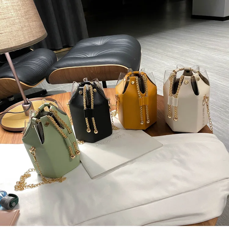 

Fashion 2021 Women Pu Leather Drawstring Bucket Bag Chain Purse Mini Ladies Handbag Pillow Shape Crossbody Bags, Multi color