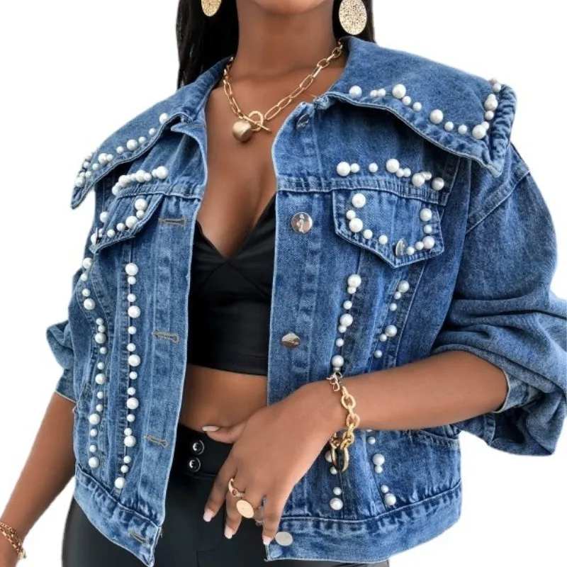 

Jean Coats New Autumn Fashion Women's Denim Jacket Full Sleeve Button Pearls Short Plus Size Jackets B1780