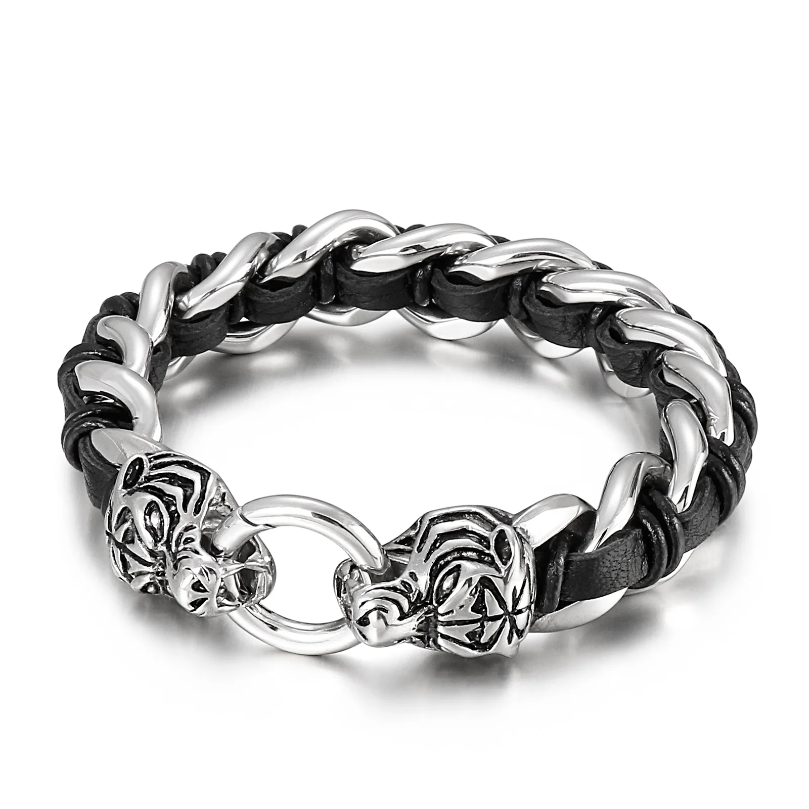 

KALEN domineering jewelry stainless steel tiger head buckle bracelet men, Steel black