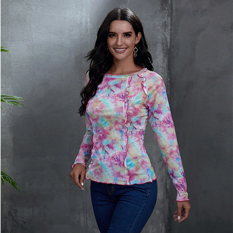 

WW-0951 Round Collar Printing Shading Long-sleeved Blouse Render Unlined Upper Garment Women Crew Neck T-shirt Long Top Sleeves, Customized color
