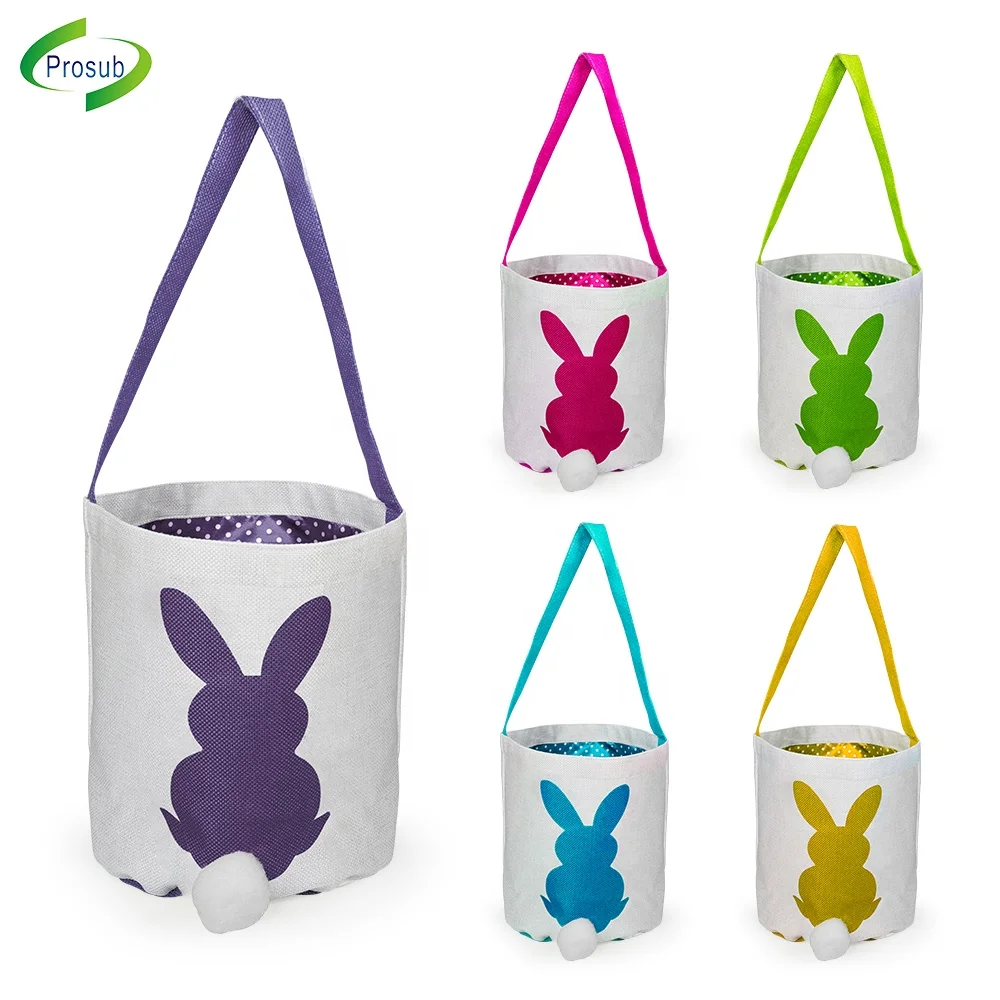 

Prosub Blank Sublimation Easter Bunny Basket With Colour Handle Cute Rabbit Tail Linen Eggs Tote Bag