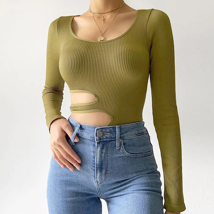 

Fall Apparel Tight Fitted Solid Cut Bodysuit Hollow Out New Tops 2021 Asymmetrical Long Sleeve Sexy Ladies Bodysuits For Women, Green,khaki,black
