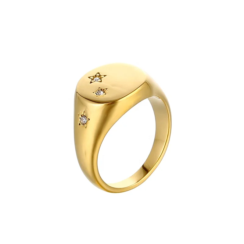 

Wholesale Custom 18K Gold Plated Stainless Steel Pave North Star Gold Signet Finger Ring for Women Girls