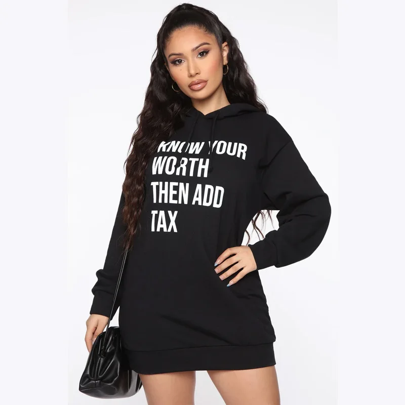 

Manufacturer direct sale American style letters printed Drop-shoulder long sleeves Loose long Hoodie dress