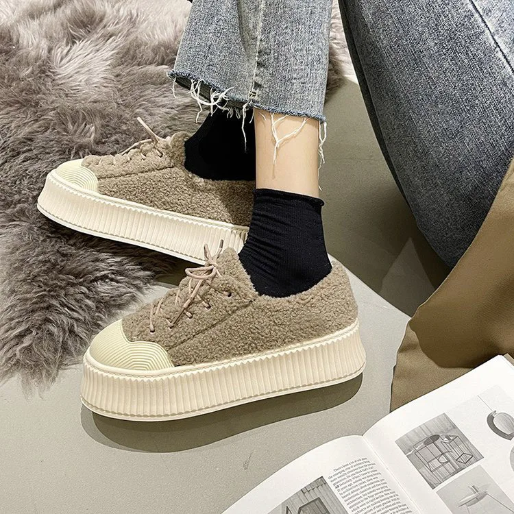 

Women Trending Versatile Shoes With Thick Soles Round Toe Lace Up Chunky Shoe Ladies, Black,khaki,beige white