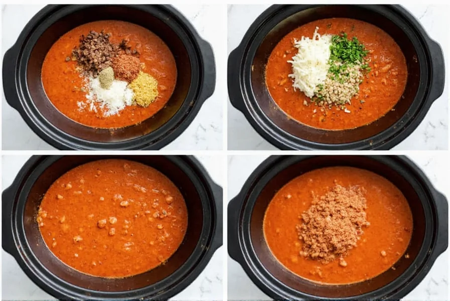 Step-by-step preparation of chicken chili in crock pot showing ingredients being added to slow cooker