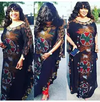 

2019 latest design arabic hot drilling round neck bat- wing sleeve plus-size African dubai digital print fancy kaftan dress