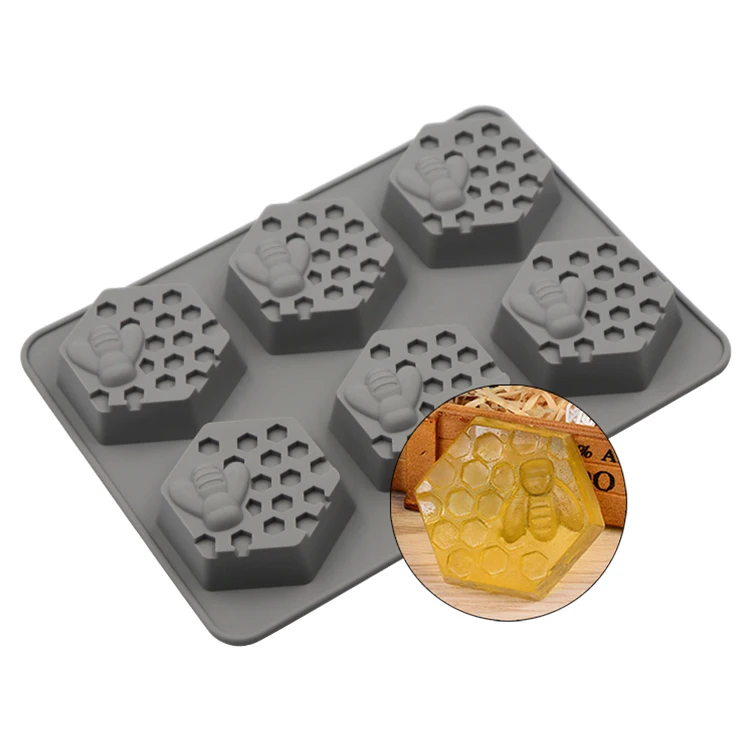 

6 Cavities 3D Bee Honeycomb Silicone Soap Mold For Decorative Baking Cake Silicone Chocolate Molds, Grey