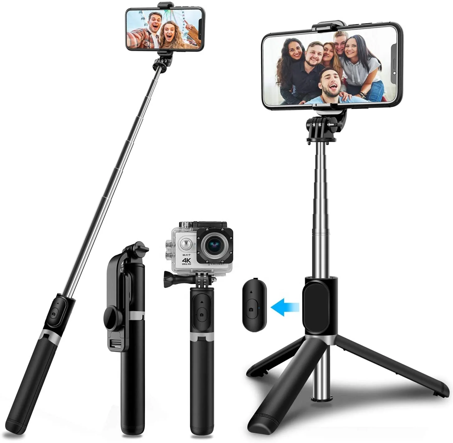 

Q02 Selfie Stick with Tripod Wireless Remote Mini Extendable 4 in 1 Selfie Stick 103cm 360 Degree Rotation Phone Stand Holder