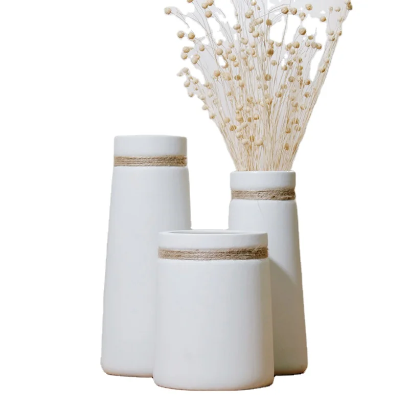 

Hemp Rope Table Decoration Modern White Ceramic Tapered Wide Mouth Flower Vase, Custom