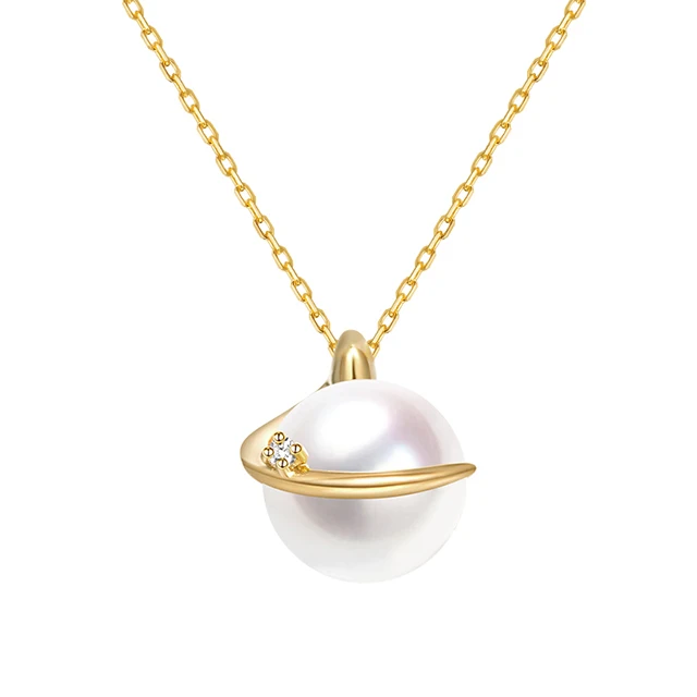 

18K Gold Yellow Gold 8.5-9mm Natural Akoya Pearl Planet Shape Pendant Necklace for Women Free Shipping