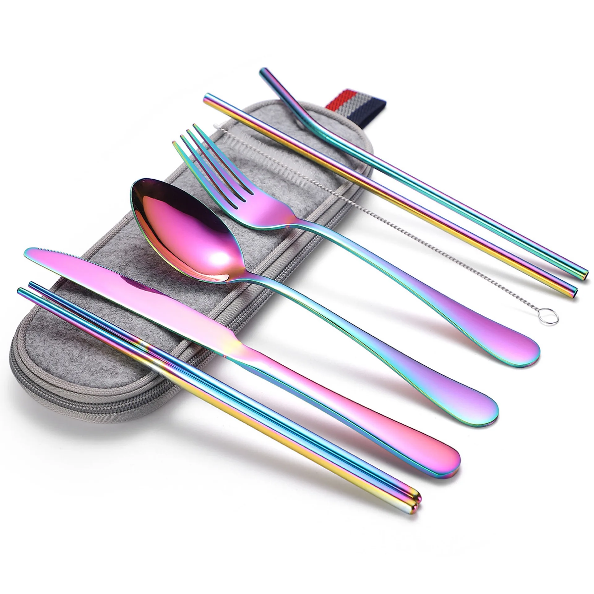 

Amazon hot sale Portable Flatware stainless steel Fork And Spoon Chopsticks metal straw Travel Cutlery Set, Customized