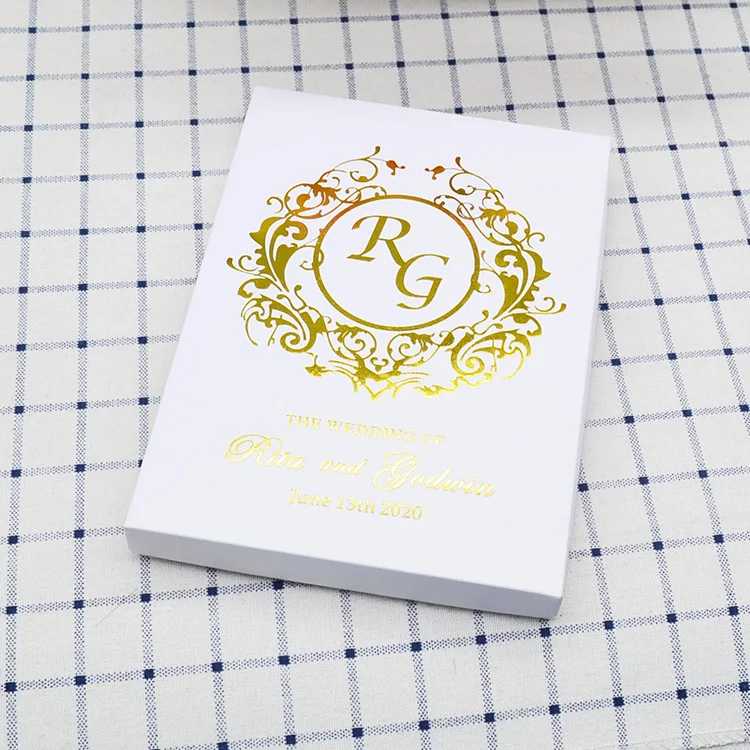 Shimmer white gold foil printed custom wedding invitation box