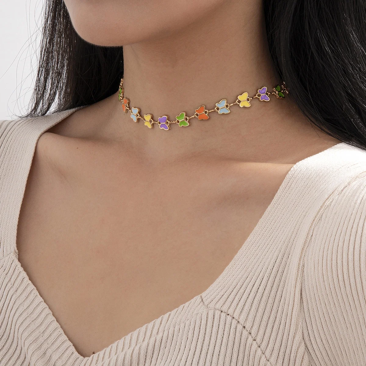 

Romantic Rainbow Enamel Butterfly Choker Necklaces Gold Color Chain Chokers for Women Birthday Gift Animal Accessories, Picture shows