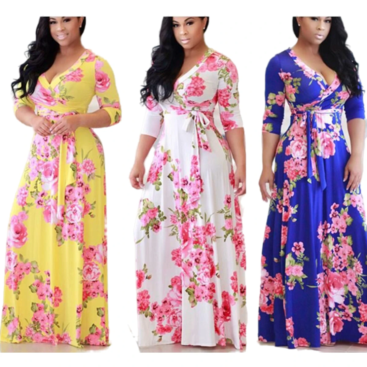 

Summer sell like hot cakes women Clothing floral print Long sleeve split maxi dress for women XXXXXL, Picture color