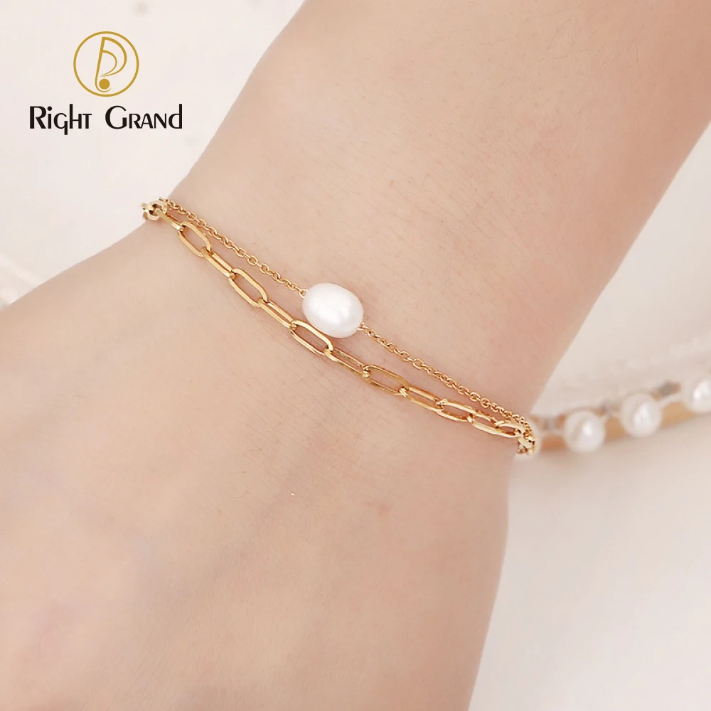 

18k Gold Paperclip Chain Women's Fashion Accessories Double Layer Jewelry Stainless Steel Freshwater Pearls Charm Bracelets
