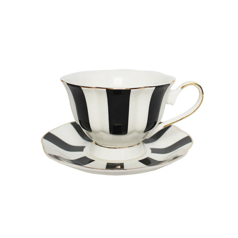 

Custom Print Design Low Moq Amazon Sale European Style Individuality Vertical Stripe Striped Ceramic Coffee Cup And Saucer Set, White