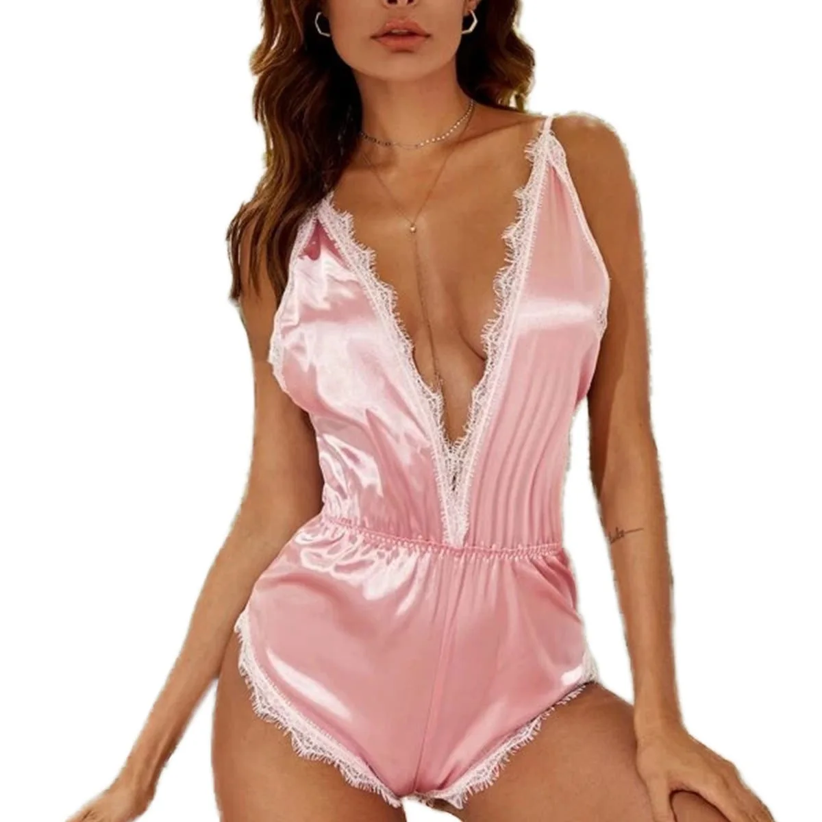 

Hot Sale High Quality Deep V-Neck Silk Face Sexy Lingerie Sleepwear Bodysuit