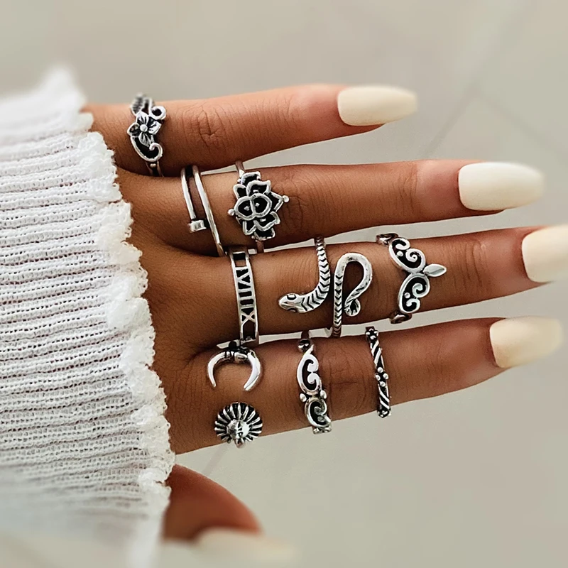 

9 PCS/Set Women Ethnic Silver Color Hollow Out Knuckle Rings Flower Snake Sun Carving Vintage Ring Set