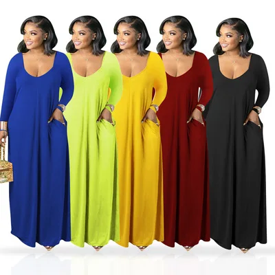 

2021 New Fall Sexy V Neck Long Sleeve Maxi Dress Ladies Fashion Solid Loose Casual Dresses