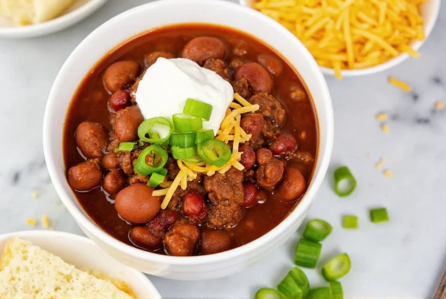 Beef chili with beans served in white bowl with toppings: sour cream, shredded cheese, green onions, and cornbread on side