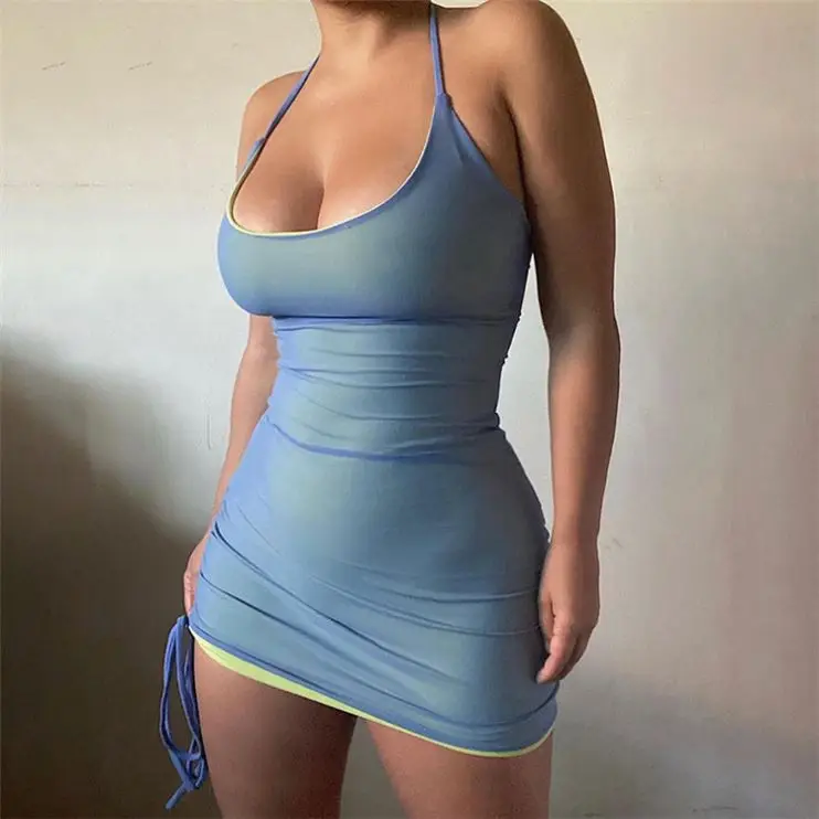 

MOEN Latest Design Solid Color Two Layer Halter Mesh Elegant Women Dresses For Ladies Summer Club