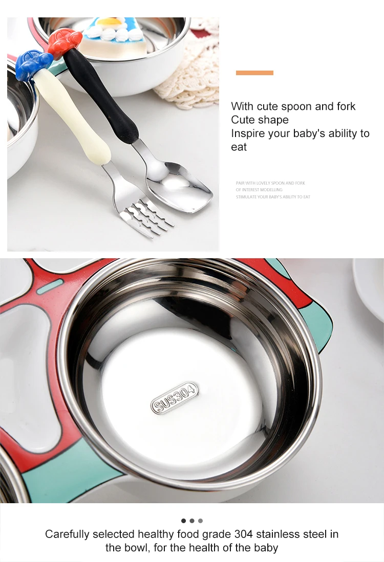 New Product 2021 Kitchen Accessories 3 Pcs Stainless Steel Baby Feeding Plate Spoon Fork Children Tableware Set Dinnerware Sets