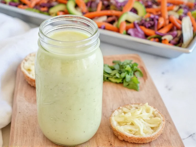 Homemade slaw dressing in mason jar with ingredients