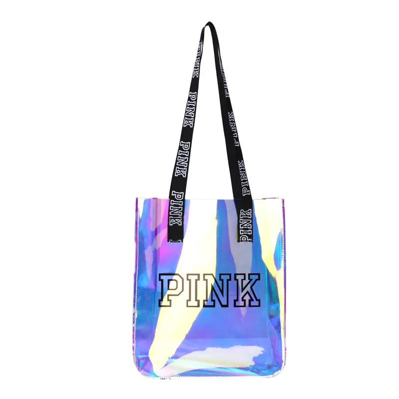 

Best Selling High Quality Fast Shipping Pink LOGO Holographic Tote Makeup Bag