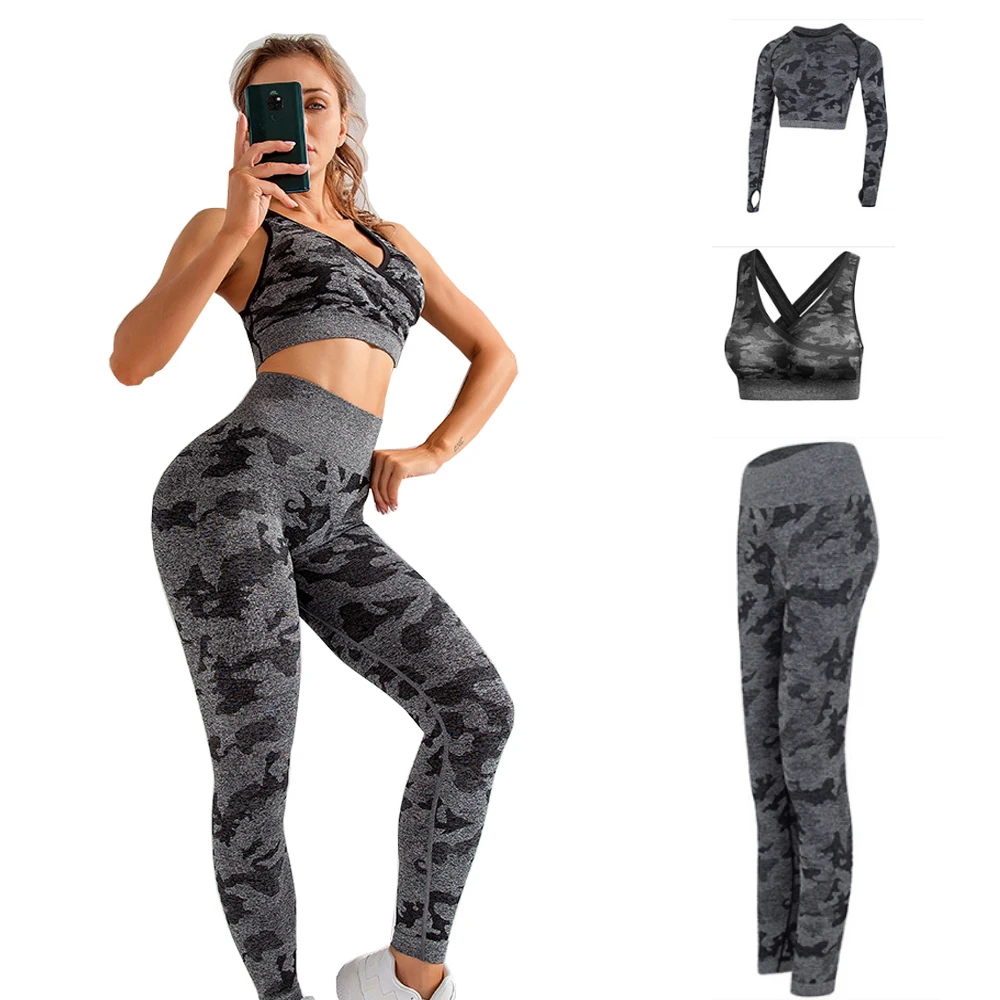 

aola 2 3 pieces hight waist gym workout outfits women camo sport wear suit, Gray/ green/purple