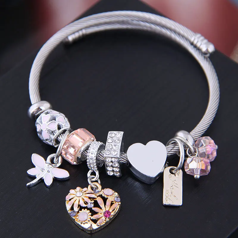 

Hot sale Stainless steel love flower crystal bead charm bracelet for girls luxury jewelry, 6 color