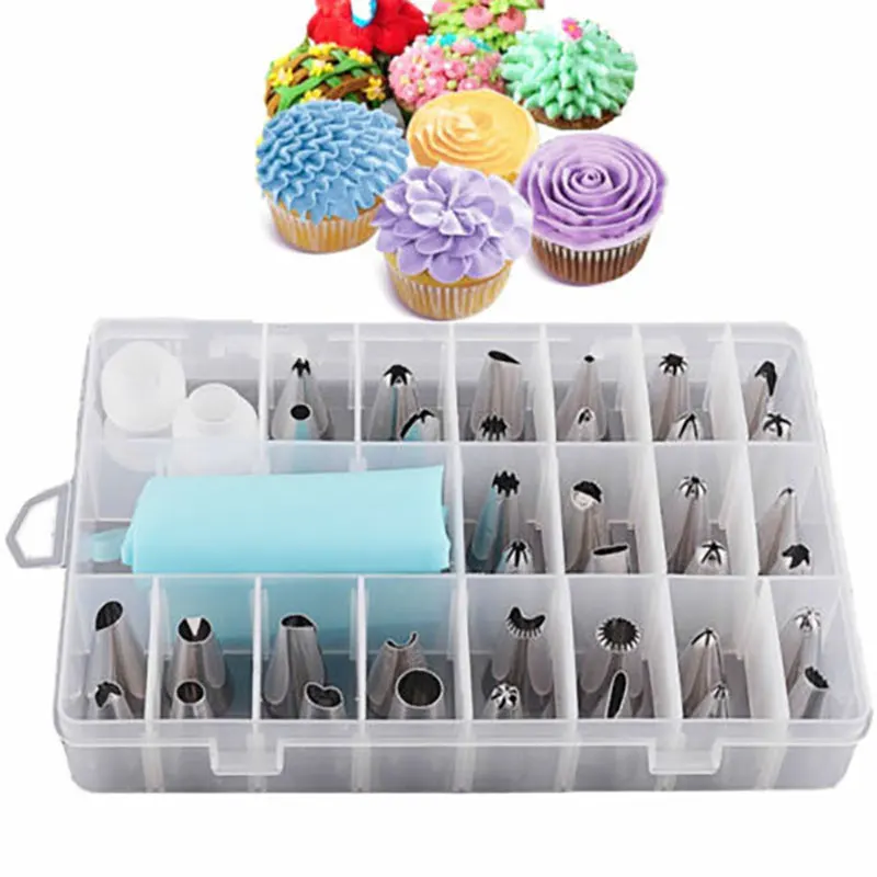 

Box of 24 Stainless steel decorating mouth box and silicone decorating bag making cake kit cake decorating tool, Silver