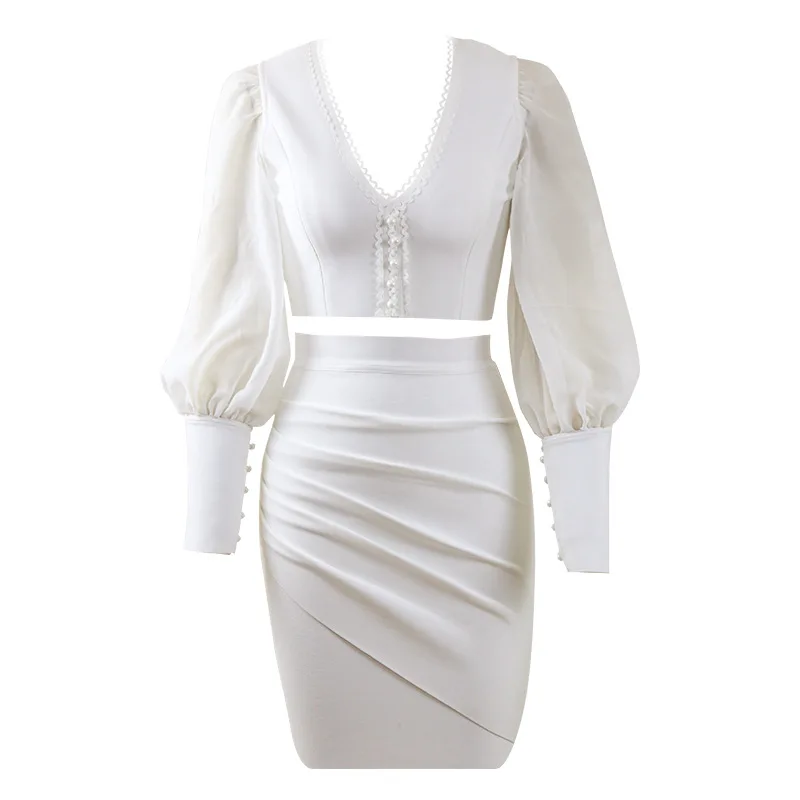 

Gentle royal elder sister sweet wind suit Long-sleeve two-piece gauze skirt, White