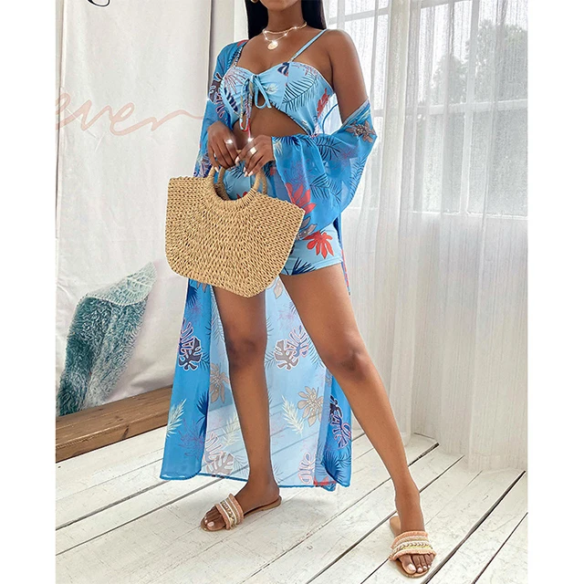 

Summer Printing Camisole Tank Bikinis Sets With Coat Womam Beach Bikini Set And Cover Up -ZR, Yellow,green,blue