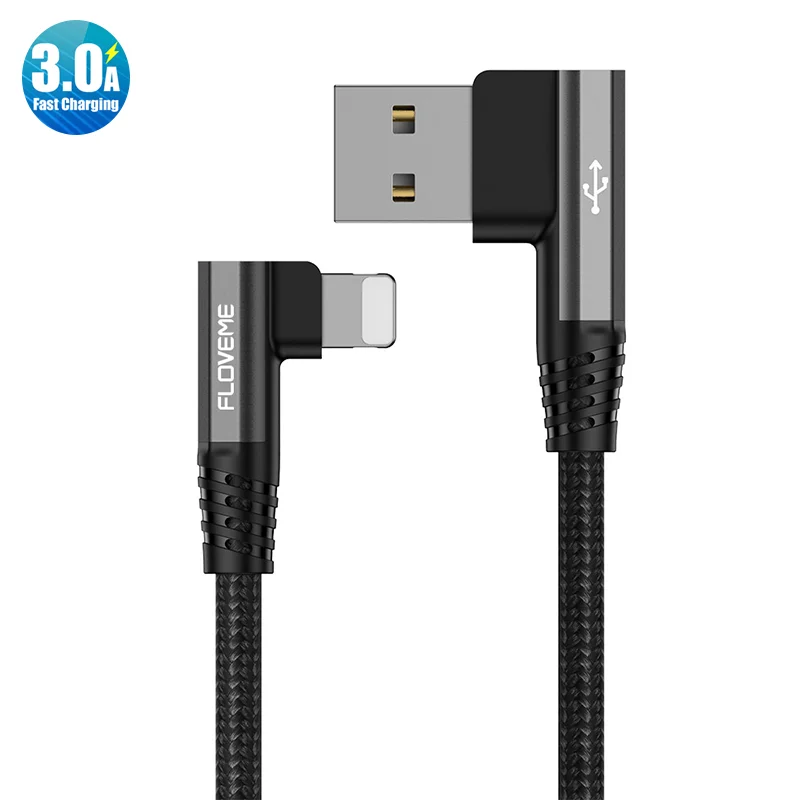 

Free Shipping 1 Sample OK FLOVEME 1m 90 Degree Elbow 3A Fast Charging Data Cable USB Charging Cable for iphone Custom Accept