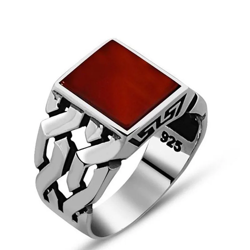 

Ebay hot selling s925 sterling silver plated red gemstone rings for men chain men's ring