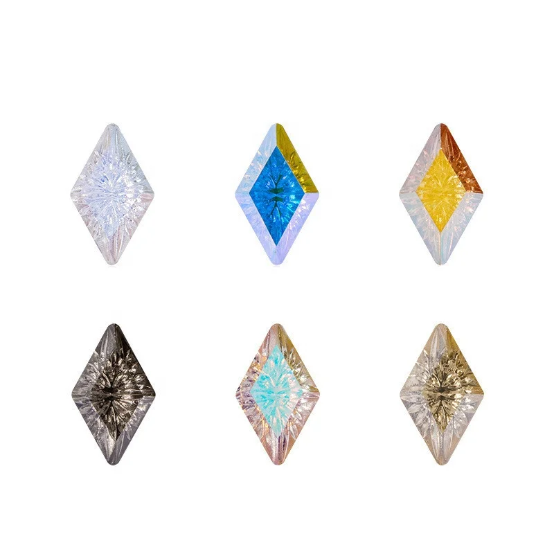 

New arrival nail lozenge diamond arc carving flat bottom gem crystal glass nail accessories, 6 colors