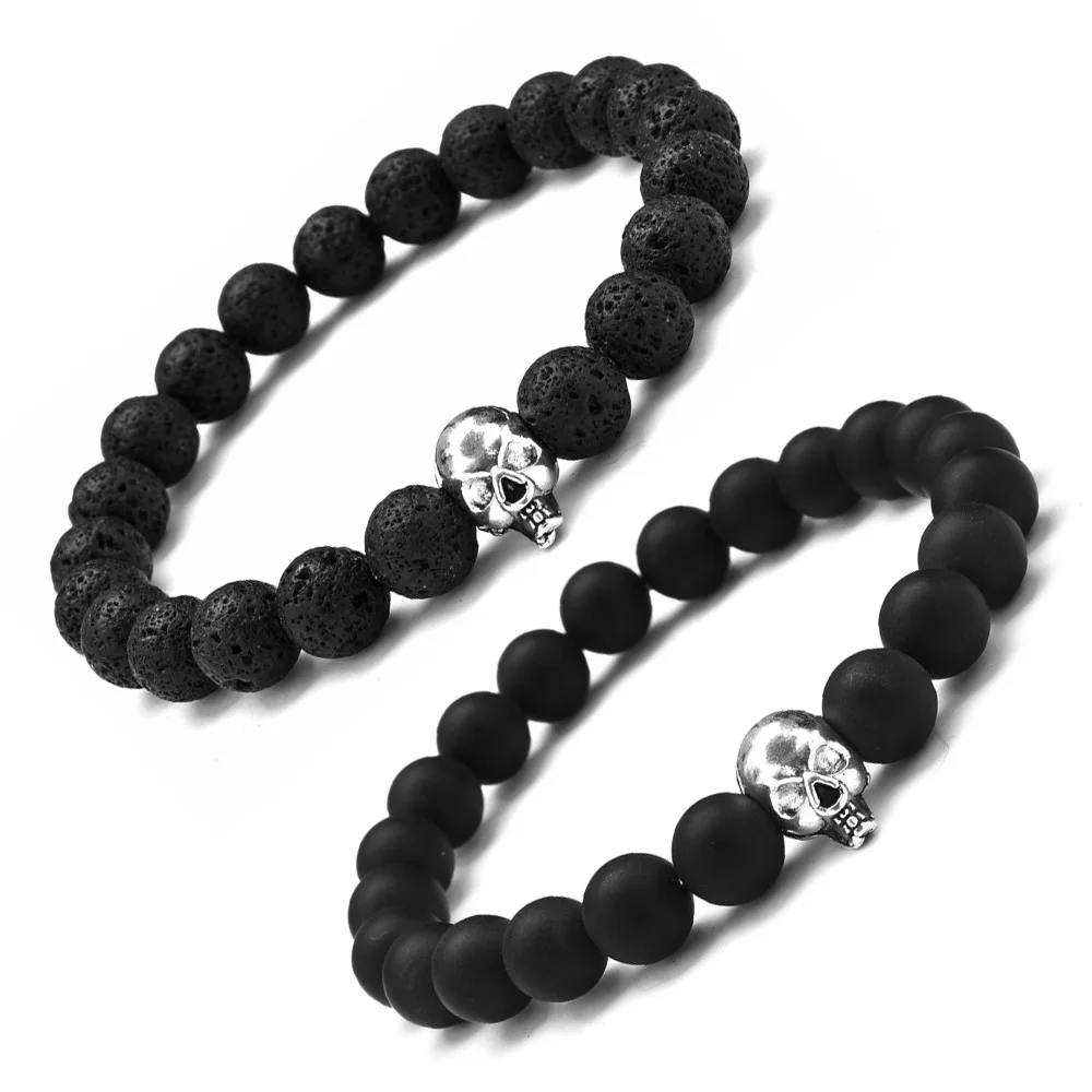 

2020 Amazon hot 8MM round beads volcanic stone bracelet iron lion head frosted black stone bracelet, As pic