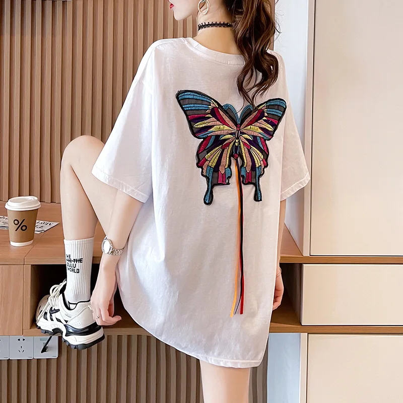 

New summer design sense embroidery short-sleeved t-shirt women's Korean style fashion mid-length women's clothing