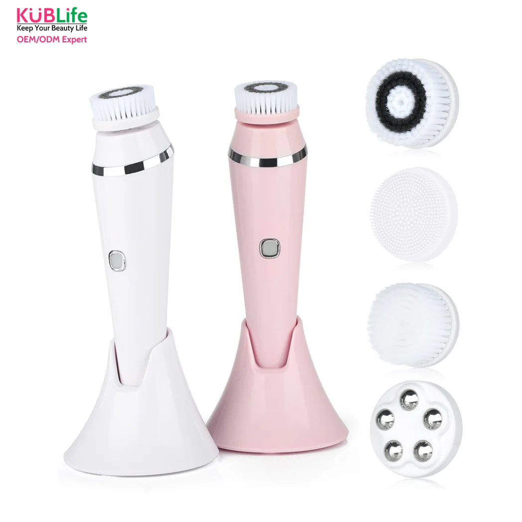 

4 in 1 Portable facial cleansing brush Silicone Scrub Pore Cleanser Spin Facial Cleansing Brush, White