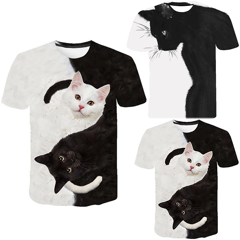 

Black and white cat print casual short-sleeved t-shirt top, Customized color